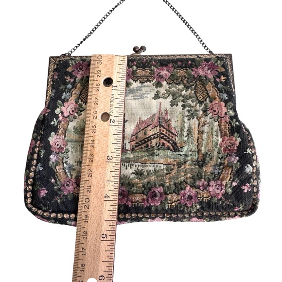 Vintage Tapestry Needlepoint Purse Castle Boat  Turn Closure Satin Lining France - Picture 4 of 8